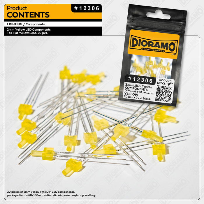 2mm Yellow LED Components. Tall Flat Yellow Lens. 20 pcs.