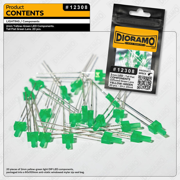 2mm Yellow-Green LED Components. Tall Flat Green Lens. 20 pcs.