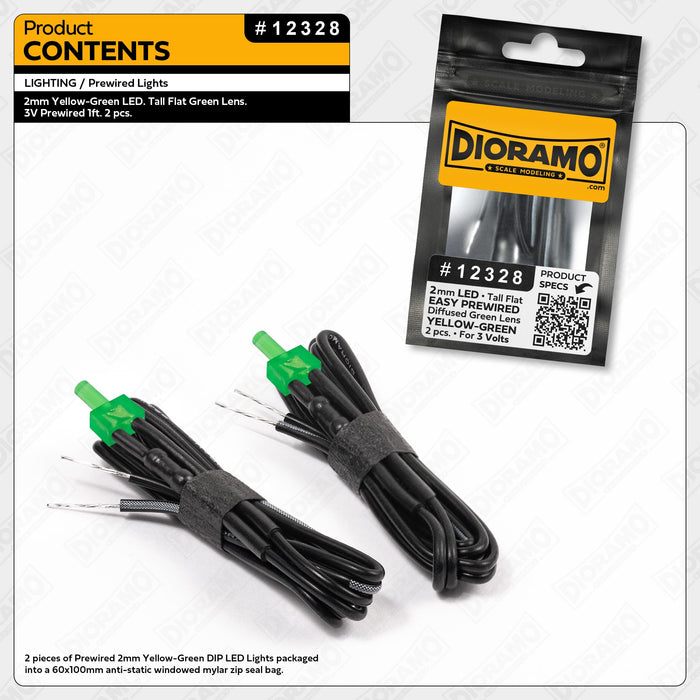 2mm Yellow-Green LED. Tall Flat Green Lens. 3V Prewired 1ft. 2 pcs.