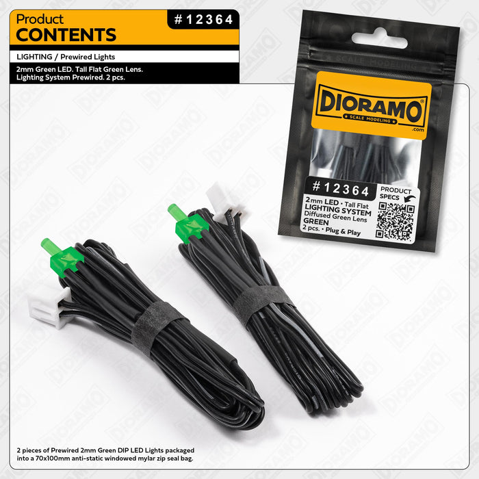 2mm Green LED. Tall Flat Green Lens. Lighting System Prewired. 2 pcs.