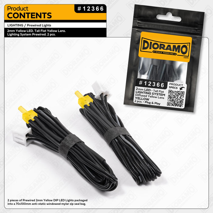 2mm Yellow LED. Tall Flat Yellow Lens. Lighting System Prewired. 2pcs.