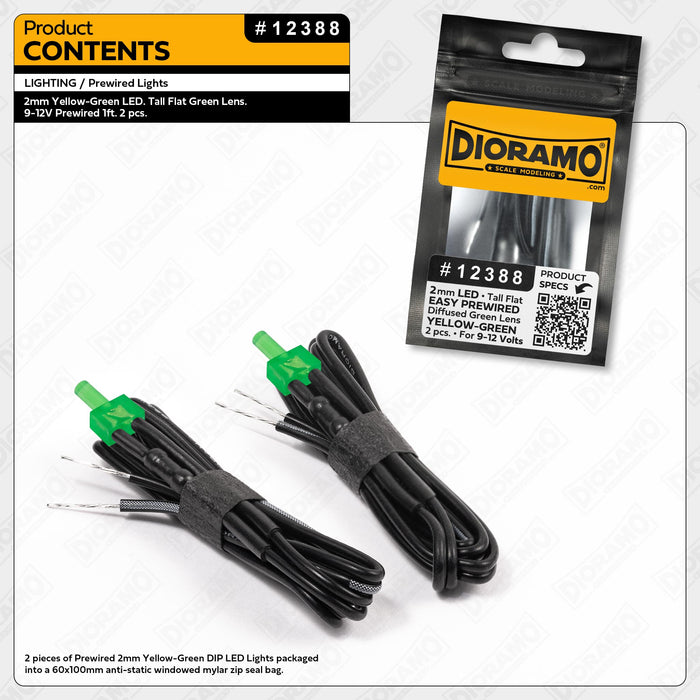 2mm Yellow-Green LED. Tall Green Lens. 9-12V Prewired 1ft. 2 pcs.