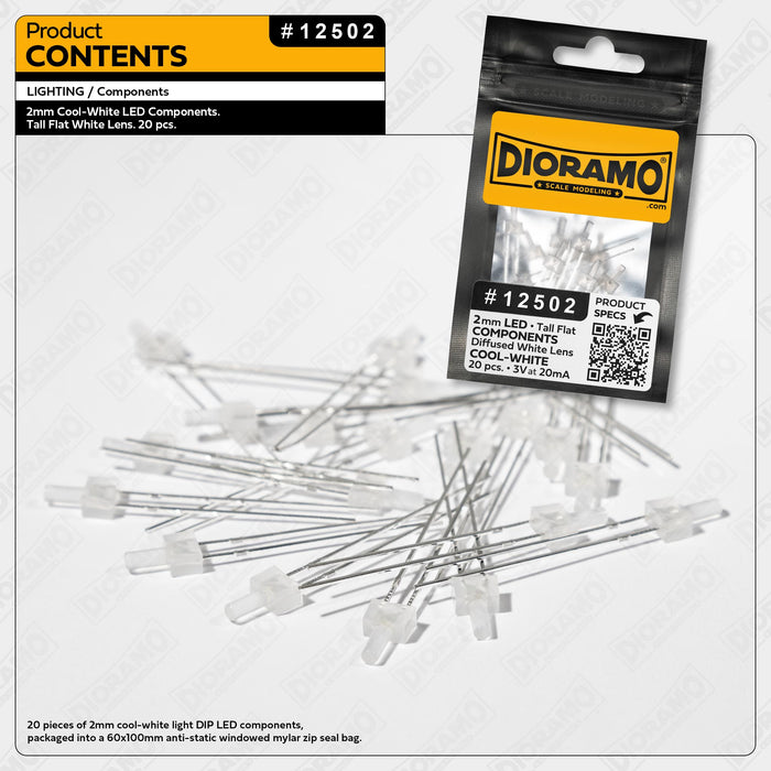 2mm Cool-White LED Components. Tall Flat White Lens. 20 pcs.