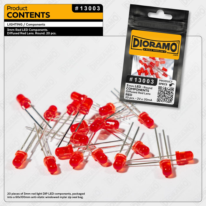 3mm Red LED Components. Diffused Red Lens. Round. 20 pcs.