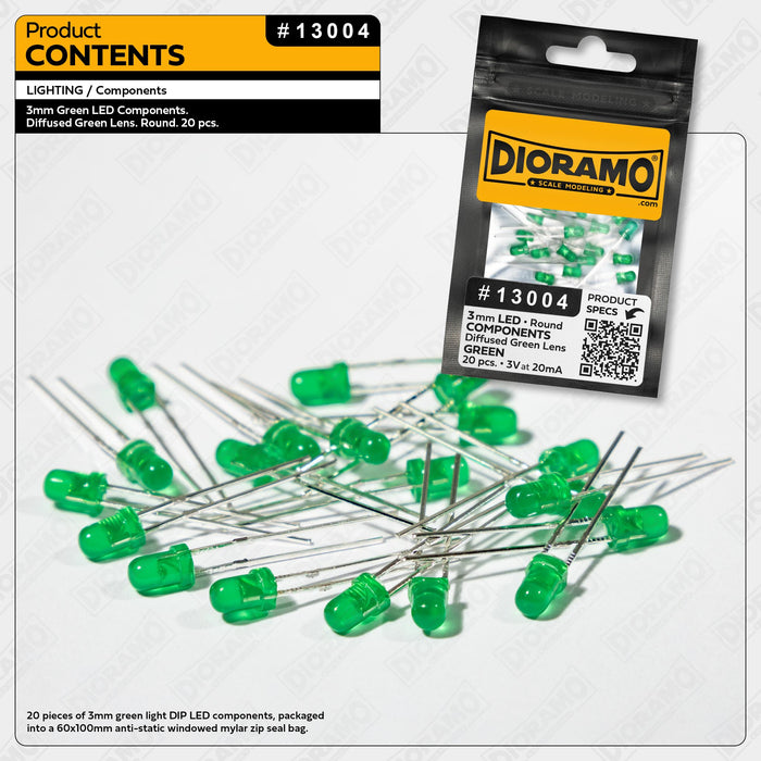 3mm Green LED Components. Diffused Green Lens. Round. 20 pcs.