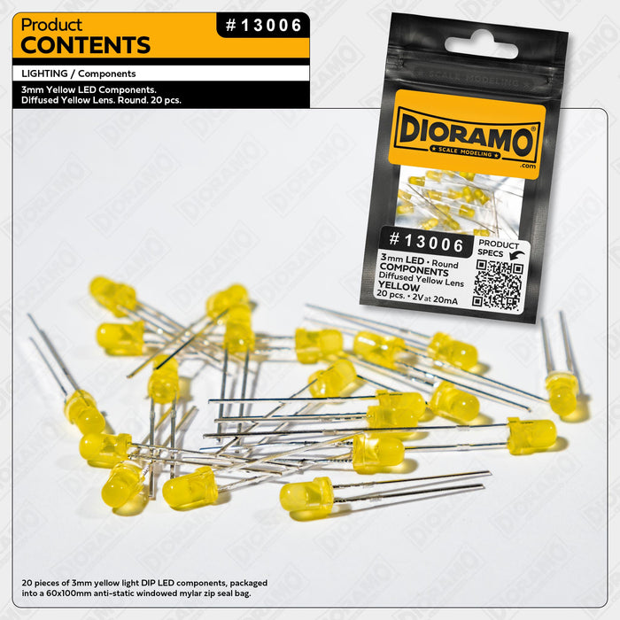 3mm Yellow LED Components. Diffused Yellow Lens. Round. 20 pcs.