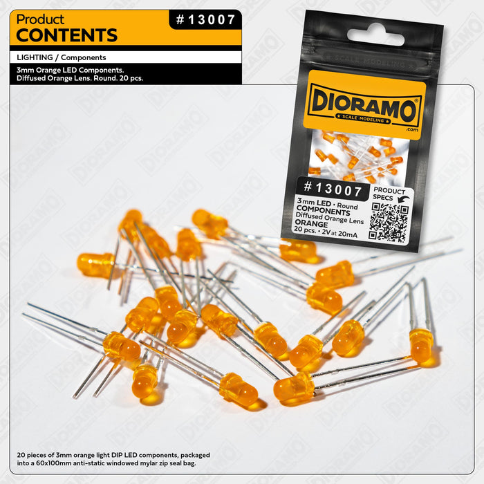 3mm Orange LED Components. Diffused Orange Lens. Round. 20 pcs.