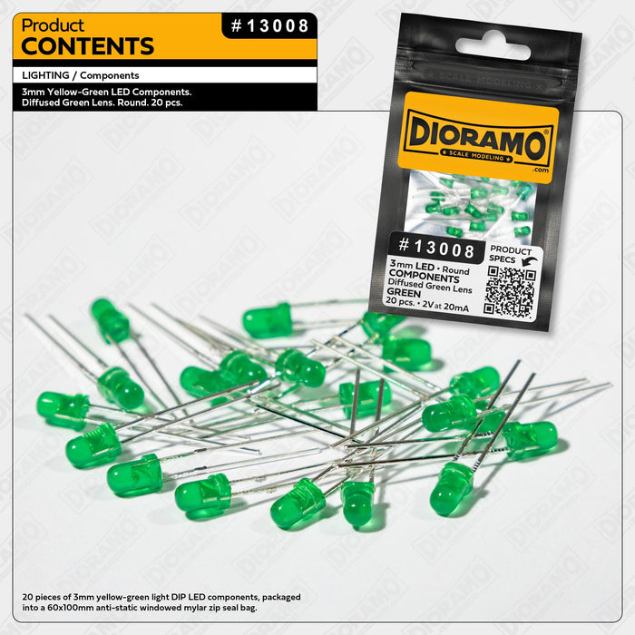 3mm Yellow-Green LED Components. Diffused Green Lens. Round. 20 pcs.