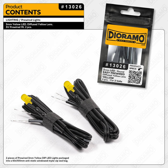 3mm Yellow LED. Diffused Yellow Lens. 3V Prewired 1ft. 2 pcs.