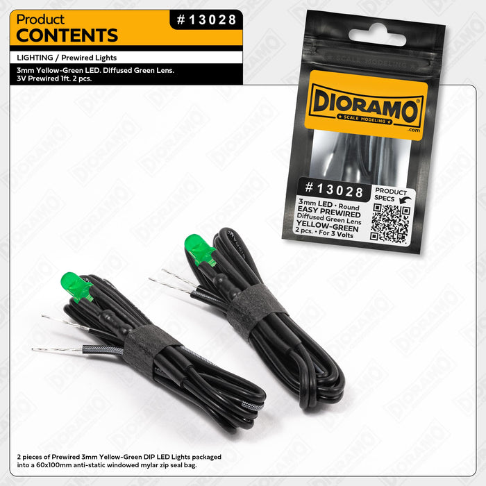 3mm Yellow-Green LED. Diffused Green Lens. 3V Prewired 1ft. 2 pcs.