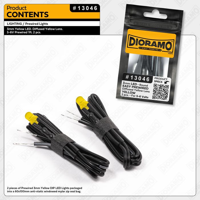 3mm Yellow LED. Diffused Yellow Lens. 5-6V Prewired 1ft. 2 pcs.