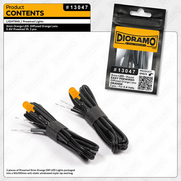 3mm Orange LED. Diffused Orange Lens. 5-6V Prewired 1ft. 2 pcs.