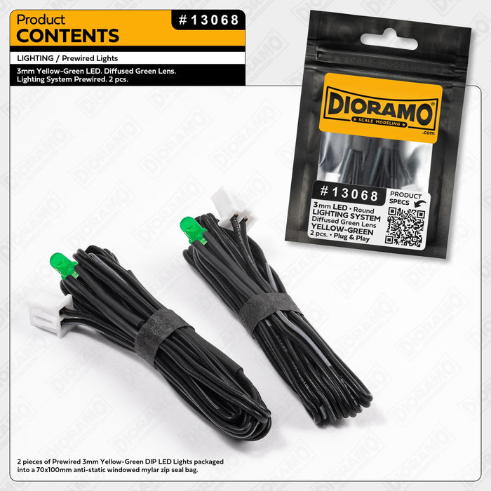 3mm Yellow-Green LED. Diffused Lens. Lighting System Prewired. 2 pcs.