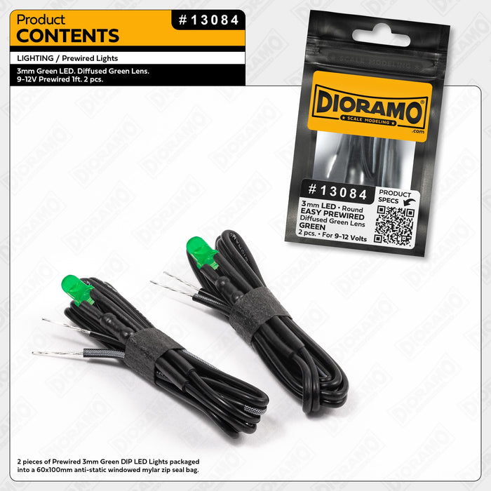 3mm Green LED. Diffused Green Lens. 9-12V Prewired 1ft. 2 pcs.