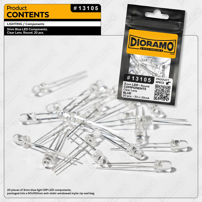 3mm Blue LED Components. Clear Lens. Round. 20 pcs.