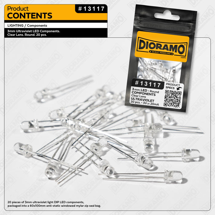 3mm Ultraviolet LED Components. Clear Lens. Round. 20 pcs.