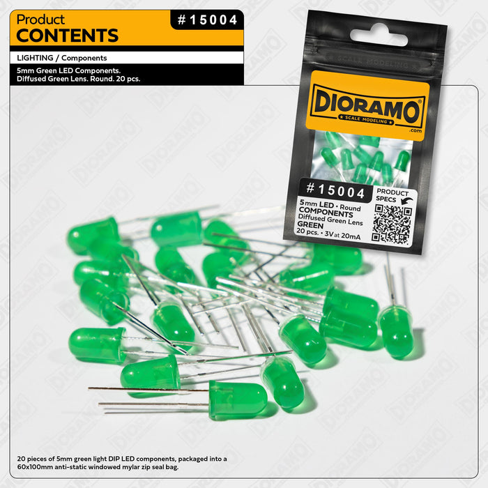 5mm Green LED Components. Diffused Green Lens. Round. 20 pcs.