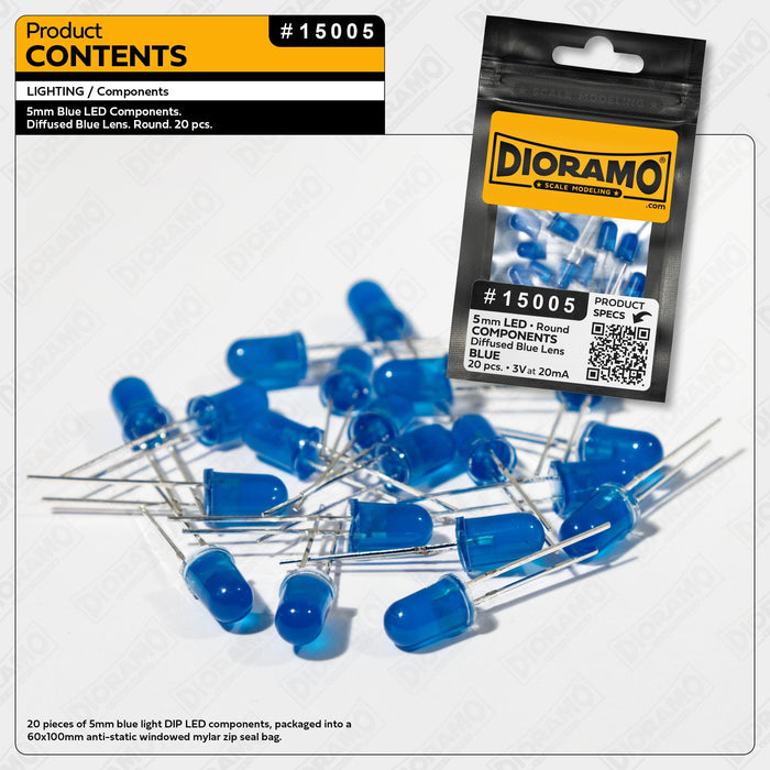 5mm Blue LED Components. Diffused Blue Lens. Round. 20 pcs.