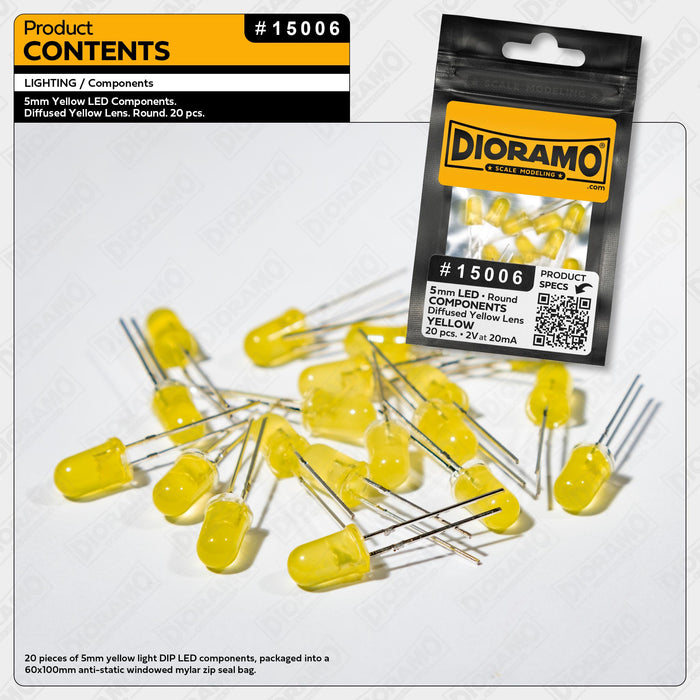 5mm Yellow LED Components. Diffused Yellow Lens. Round. 20 pcs.