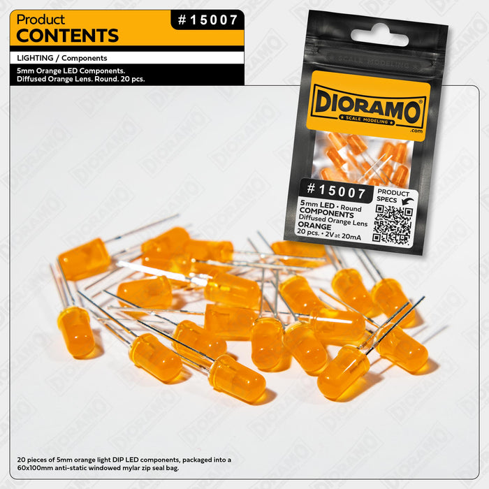 5mm Orange LED Components. Diffused Orange Lens. Round. 20 pcs.