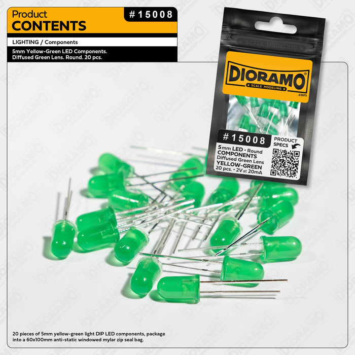 5mm Yellow-Green LED Components. Diffused Green Lens. Round. 20 pcs.