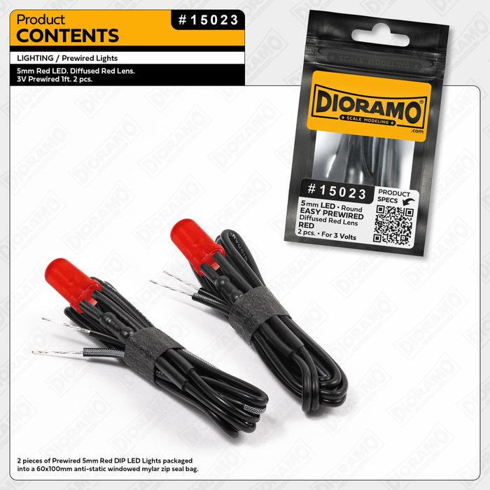 5mm Red LED. Diffused Red Lens. 3V Prewired 1ft. 2 pcs.