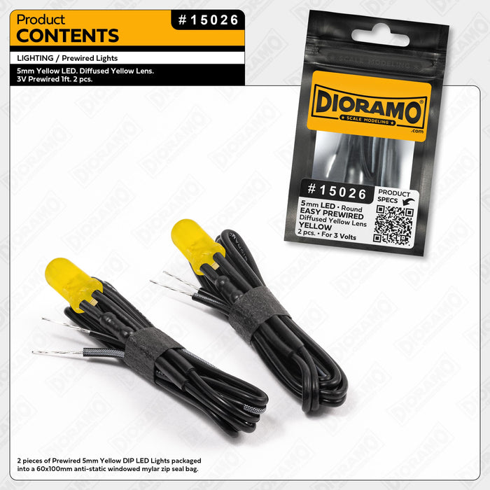 5mm Yellow LED. Diffused Yellow Lens. 3V Prewired 1ft. 2 pcs.