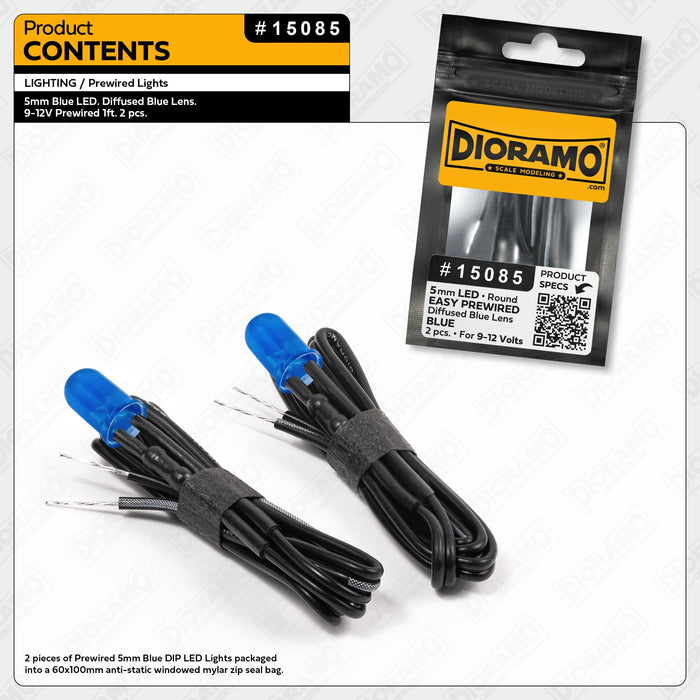 5mm Blue LED. Diffused Blue Lens. 9-12V Prewired 1ft. 2 pcs.