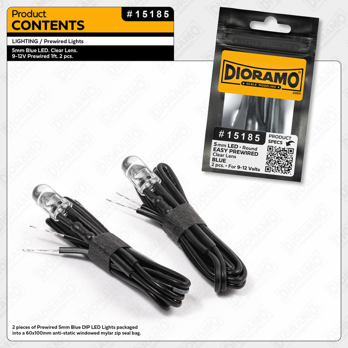 5mm Blue LED. Clear Lens. 9-12V Prewired 1ft. 2 pcs.