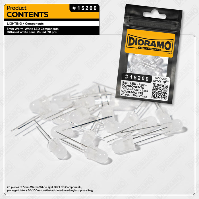 5mm Warm-White LED Components. Diffused White Lens. Round. 20 pcs.