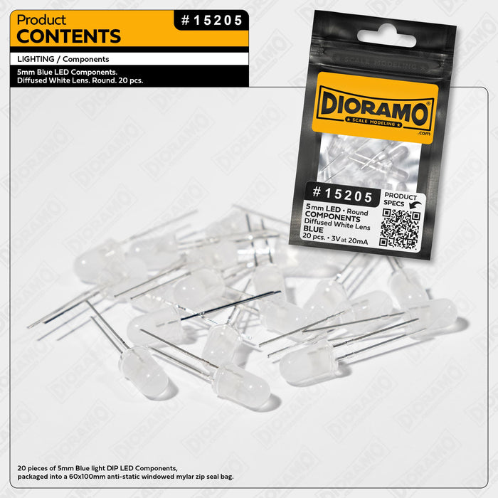 5mm Blue LED Components. Diffused White Lens. Round. 20 pcs.