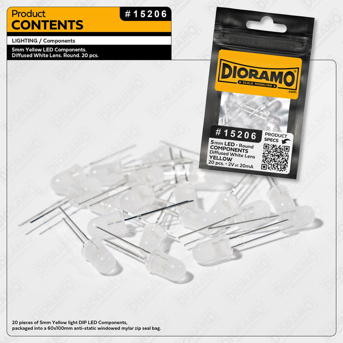 5mm Yellow LED Components. Diffused White Lens. Round. 20 pcs.
