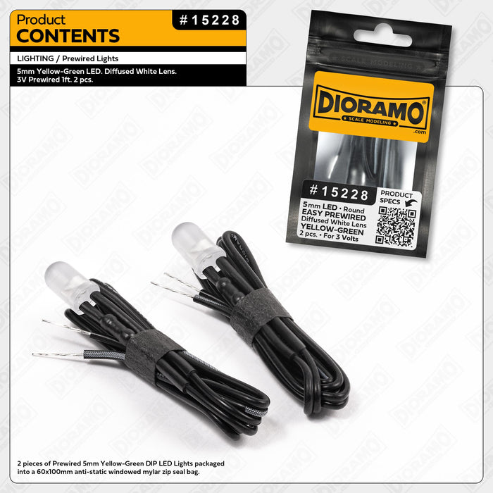 5mm Yellow-Green LED. Diffused White Lens. 3V Prewired 1ft. 2 pcs.