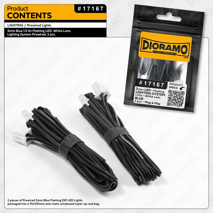 3mm Blue 1.5Hz Flashing LED. White Lens. Lighting System Prewired 2pcs