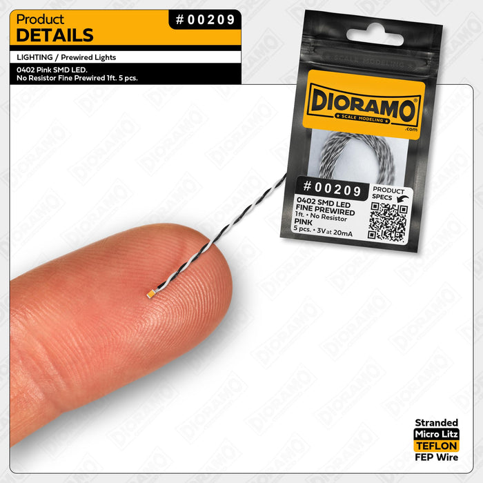 0402 Pink SMD LED. No Resistor Fine Prewired 1ft. 5 pcs.