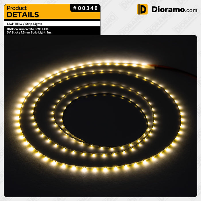 0603 Warm-White SMD LED. 3V Sticky 1.5mm Strip Light. 1m.