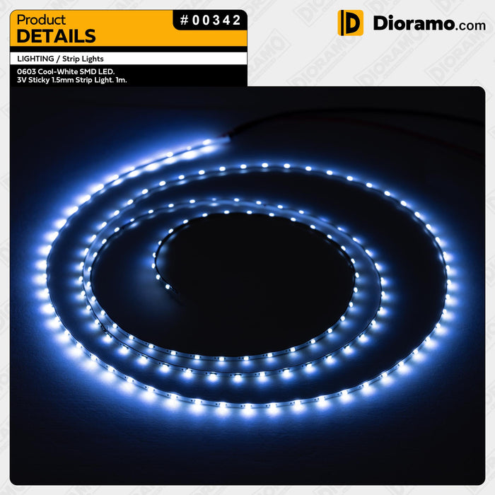 0603 Cool-White SMD LED. 3V Sticky 1.5mm Strip Light. 1m.