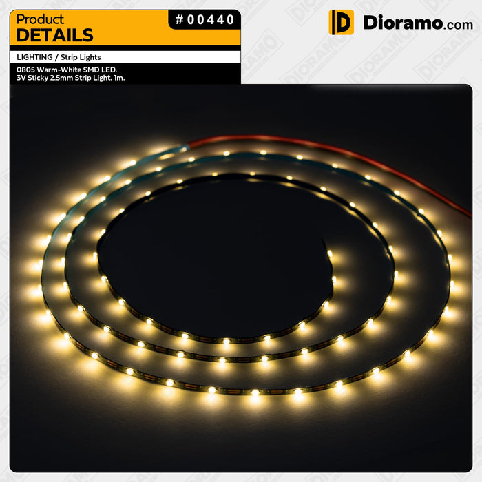 0805 Warm-White SMD LED. 3V Sticky 2.5mm Strip Light. 1m.