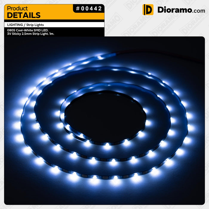 0805 Cool-White SMD LED. 3V Sticky 2.5mm Strip Light. 1m.