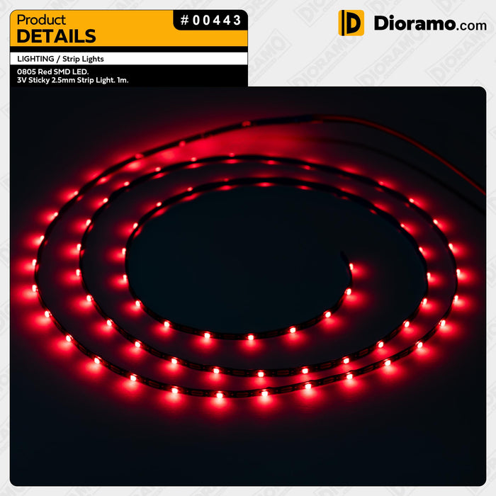0805 Red SMD LED. 3V Sticky 2.5mm Strip Light. 1m.