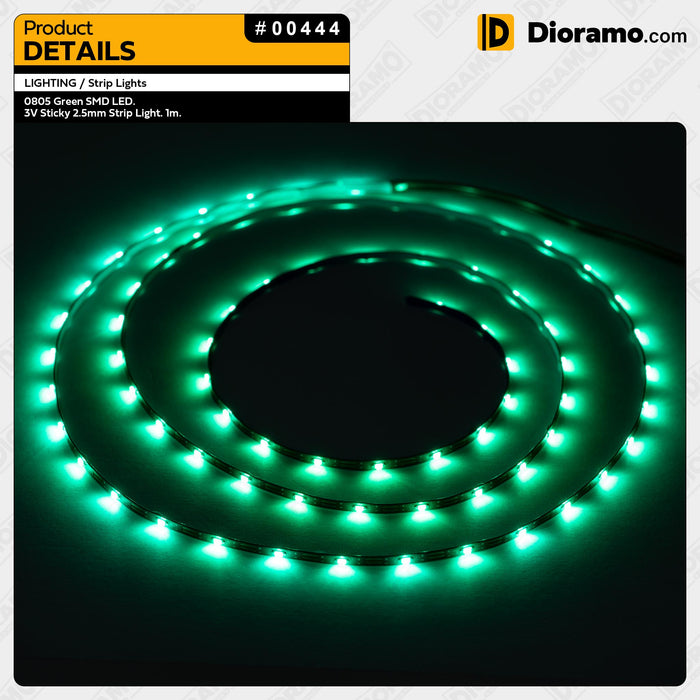0805 Green SMD LED. 3V Sticky 2.5mm Strip Light. 1m.
