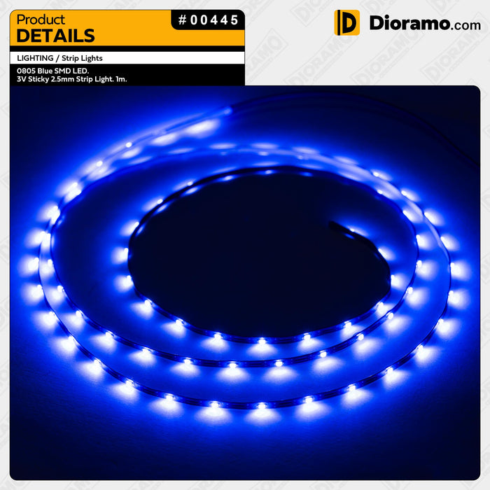 0805 Blue SMD LED. 3V Sticky 2.5mm Strip Light. 1m.