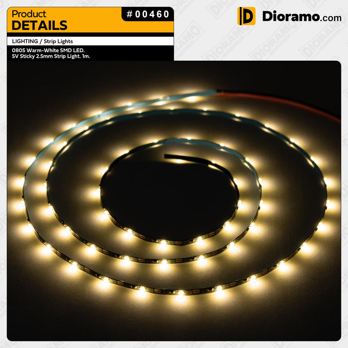0805 Warm-White SMD LED. 5V Sticky 2.5mm Strip Light. 1m.