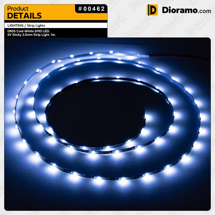 0805 Cool-White SMD LED. 5V Sticky 2.5mm Strip Light. 1m.