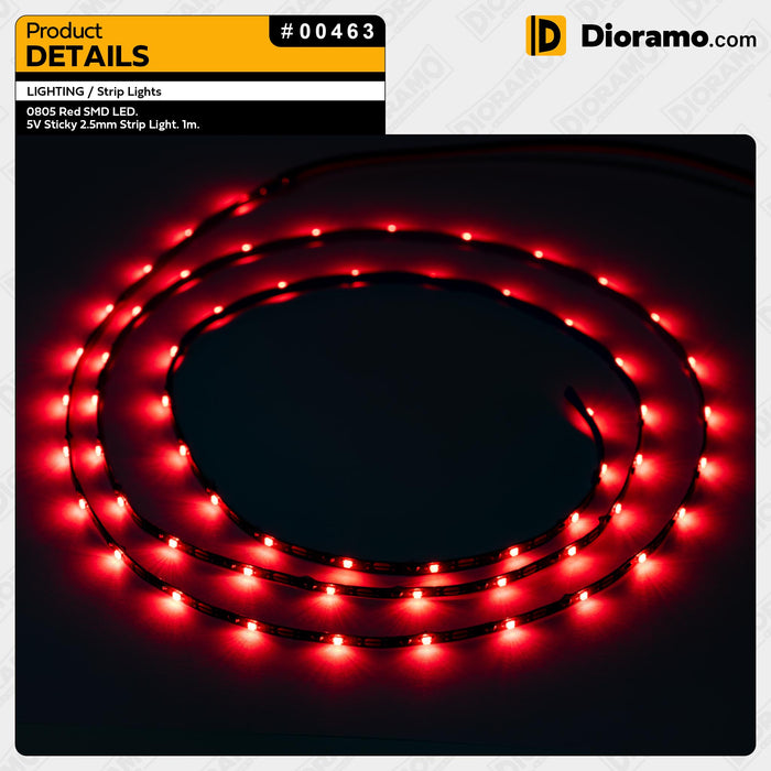 0805 Red SMD LED. 5V Sticky 2.5mm Strip Light. 1m.