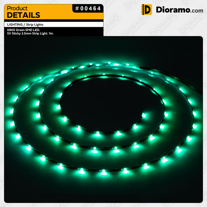 0805 Green SMD LED. 5V Sticky 2.5mm Strip Light. 1m.