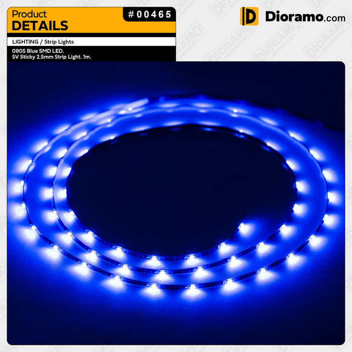 0805 Blue SMD LED. 5V Sticky 2.5mm Strip Light. 1m.
