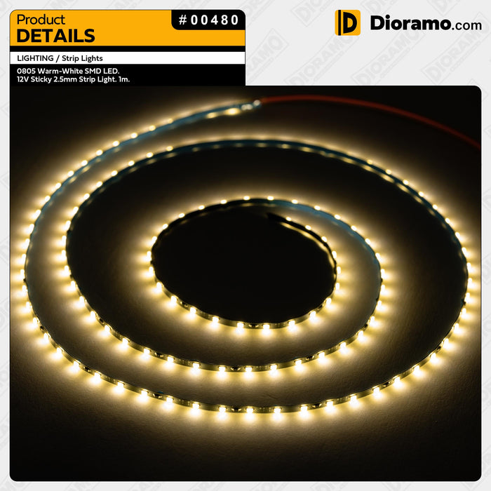 0805 Warm-White SMD LED. 12V Sticky 2.5mm Strip Light. 1m.