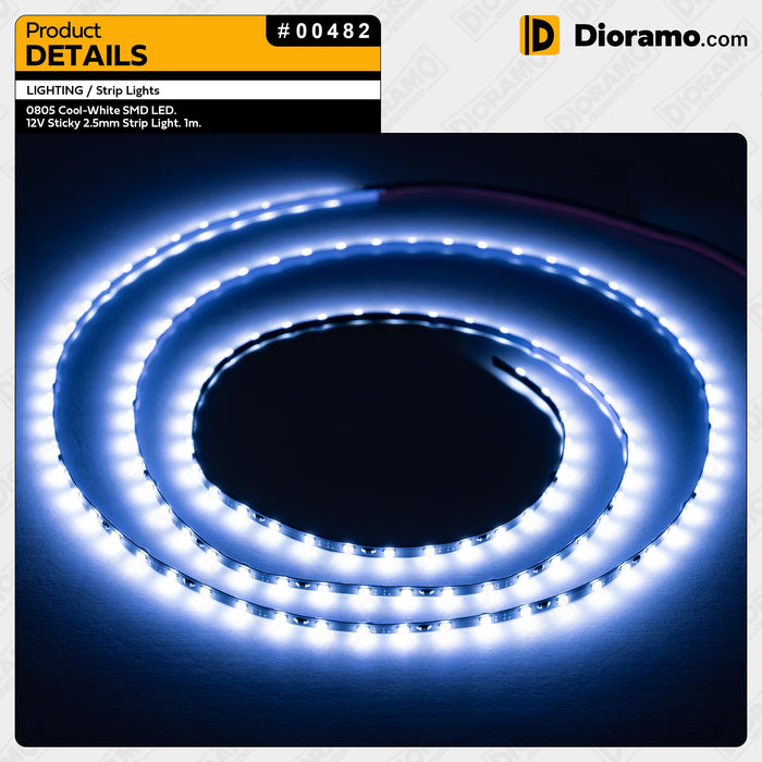 0805 Cool-White SMD LED. 12V Sticky 2.5mm Strip Light. 1m.