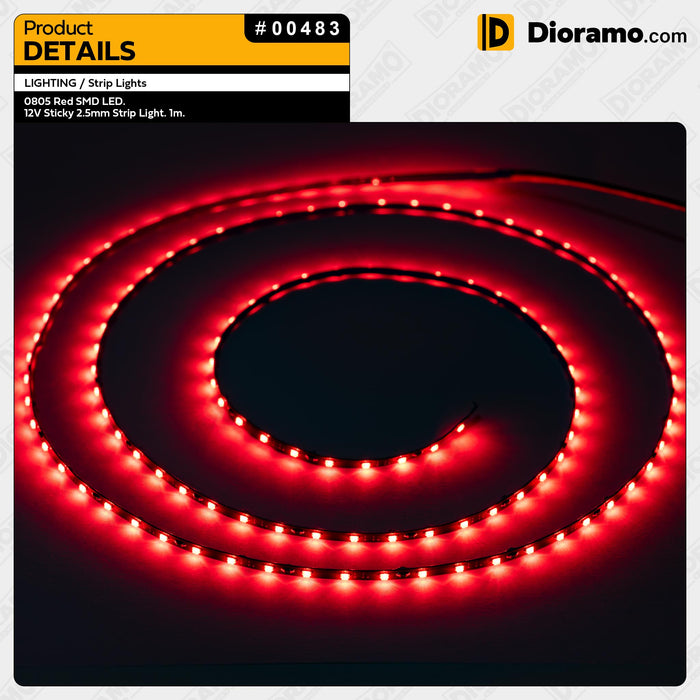 0805 Red SMD LED. 12V Sticky 2.5mm Strip Light. 1m.